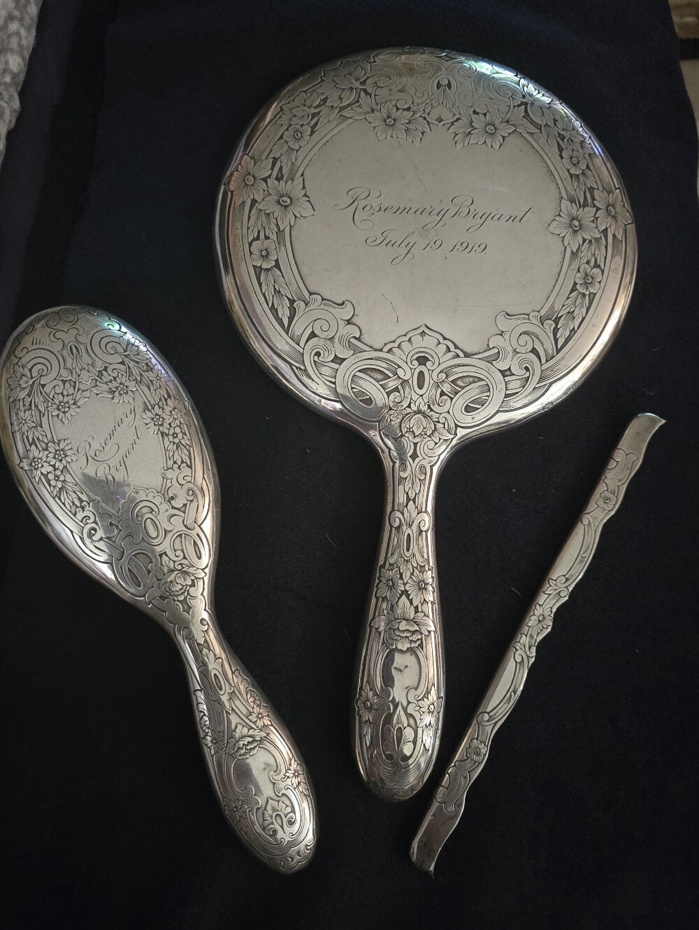 Antique Gorham Sterling Silver 3pc Hand Mirror & Hair Brush Set - July 19, 1919